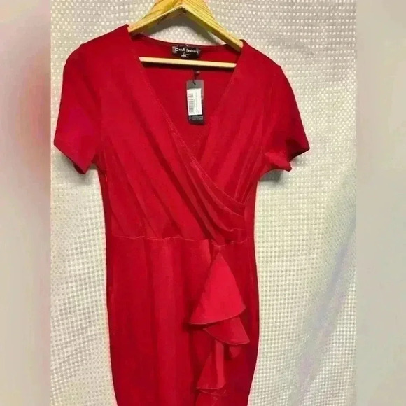NWT! Beautiful Red Dress Oxiuly Womens V Neck, Slim Ruffle Pencil Dress Size L - Picture 11 of 11